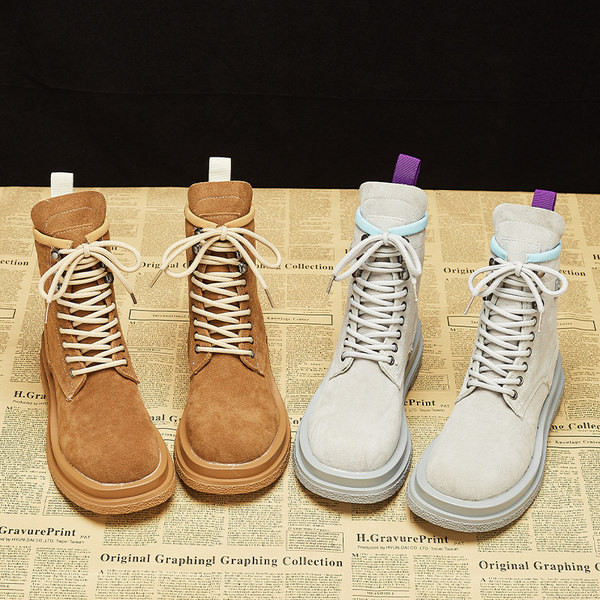 Дамски боти от еко велур с равна подметка и връзки