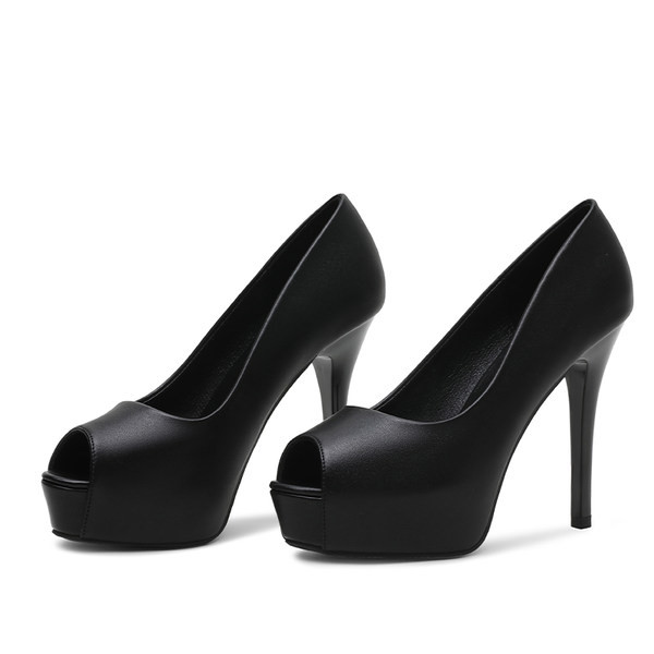 Дамски кожени обувки с висок 12см ток черен цвят