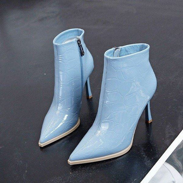 Γυναικείες μπότες λουστρίνι από ανάγλυφο οικολογικό δέρμα - μυτερό μοντέλο