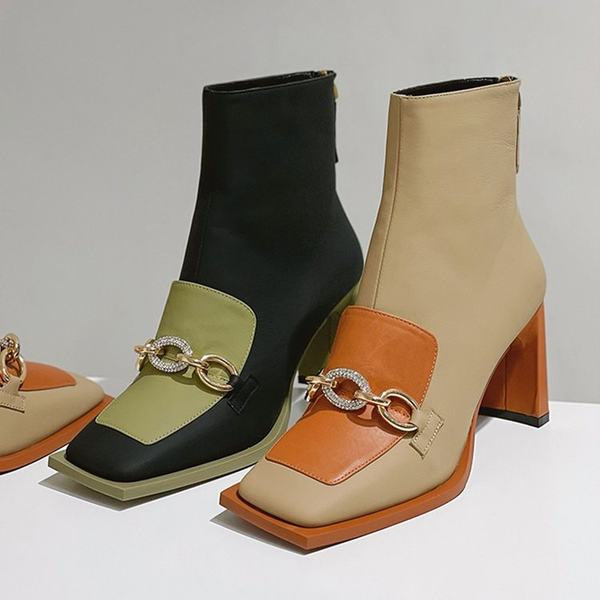 Ženske kožne čizme s metalnim lancem i petom debljine 8 cm