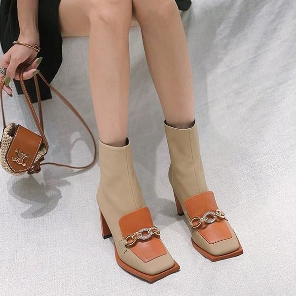 Ženske kožne čizme s metalnim lancem i petom debljine 8 cm