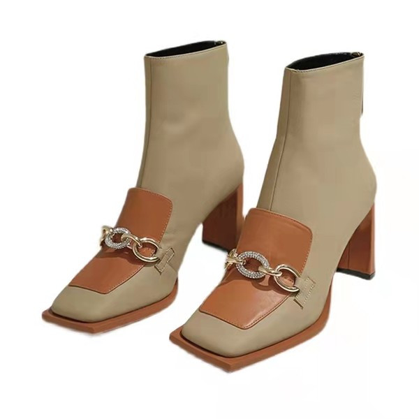 Ženske kožne čizme s metalnim lancem i petom debljine 8 cm