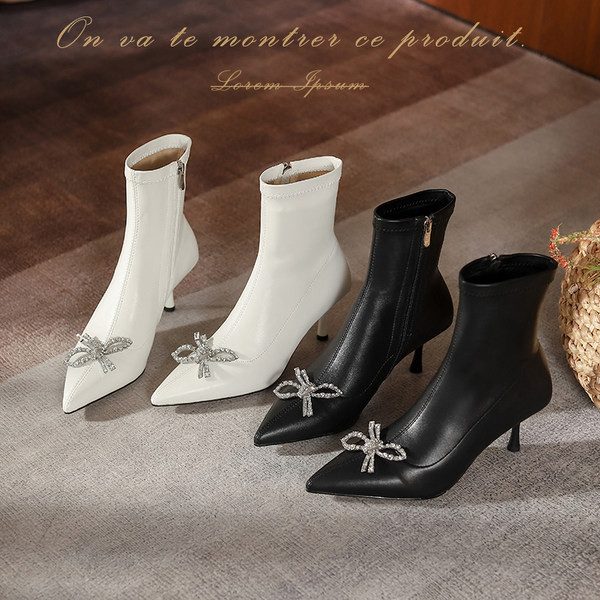 Ženske čizme na tanku petu 6,5 cm i ukrasnim kamenčićima