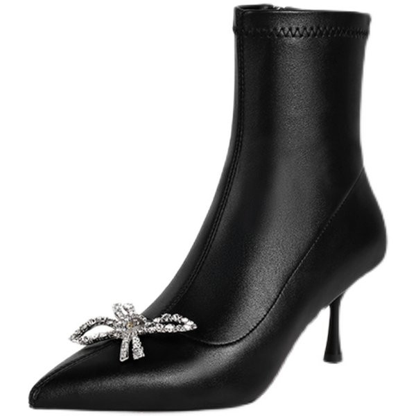 Ženske čizme na tanku petu 6,5 cm i ukrasnim kamenčićima