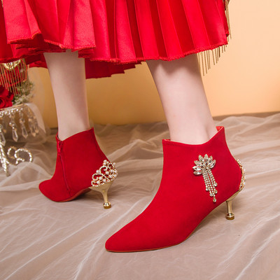 Ženske čizme od crvenog eko antilop kože sa petom od 5 cm ili 7 cm