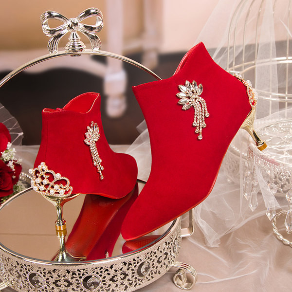 Ženske čizme od crvenog eko antilop kože sa petom od 5 cm ili 7 cm