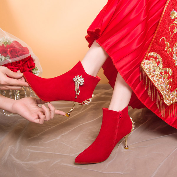 Ženske čizme od crvenog eko antilop kože sa petom od 5 cm ili 7 cm