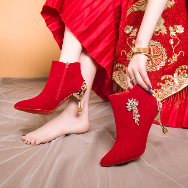 Ženske čizme od crvenog eko antilop kože sa petom od 5 cm ili 7 cm