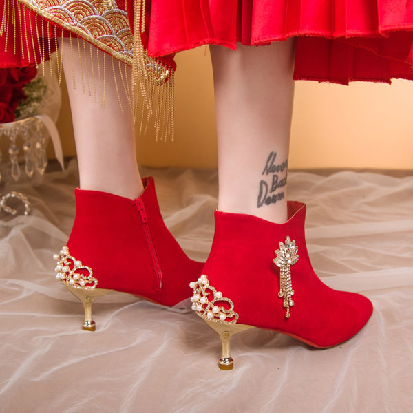 Ženske čizme od crvenog eko antilop kože sa petom od 5 cm ili 7 cm