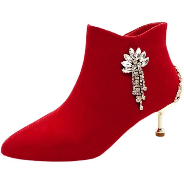 Ženske čizme od crvenog eko antilop kože sa petom od 5 cm ili 7 cm