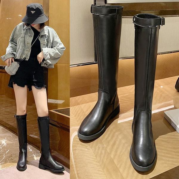 Moderne ženske čizme od eko kože sa kopčom i ravnim đonom