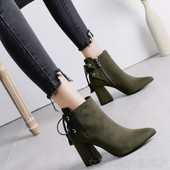 Ženske čizme na špic s četvrtastom petom od 8 cm - zelene, crne i sive