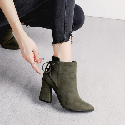 Ženske čizme na špic s četvrtastom petom od 8 cm - zelene, crne i sive