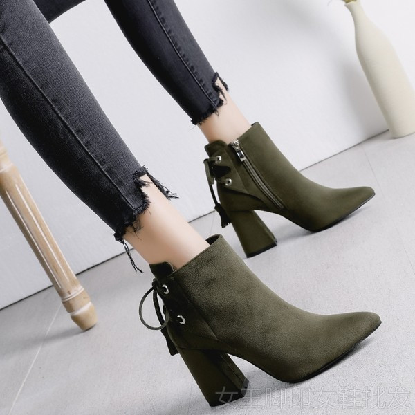 Ženske čizme na špic s četvrtastom petom od 8 cm - zelene, crne i sive