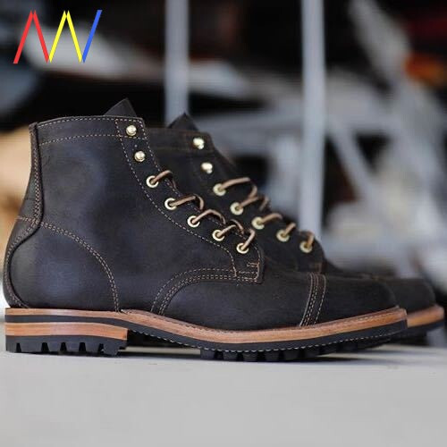 Kožne čizme zaobljeni model sa vezicama za muškarce