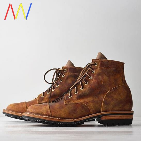 Kožne čizme zaobljeni model sa vezicama za muškarce