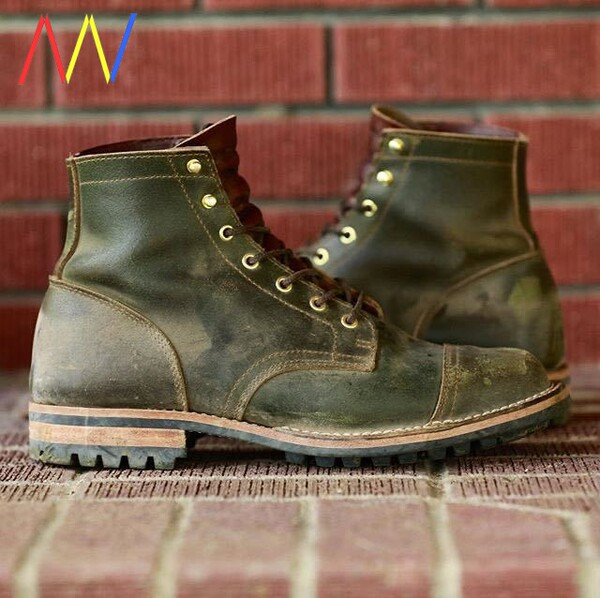 Kožne čizme zaobljeni model sa vezicama za muškarce