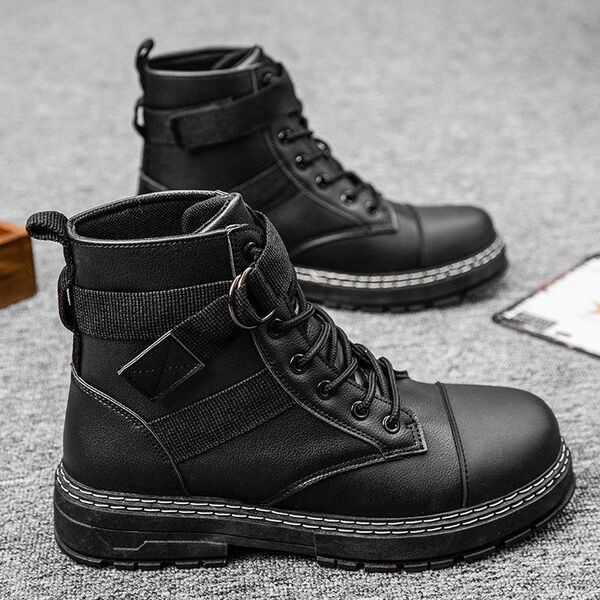 Мъжки стилни ботуши от еко кожа с катарама и връзки