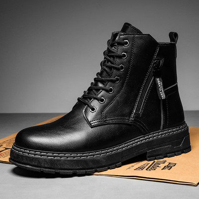 Ανδρικά έκο δερμάτινα μποτάκια με τραχιά σόλα - μαύρο χρώμα