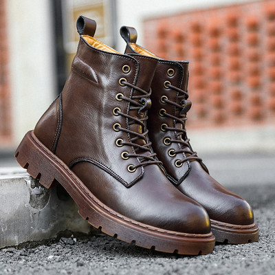 Έκο δερμάτινες μπότες με κορδόνια από οικολογικό δέρμα και επίπεδη σόλα για άνδρες