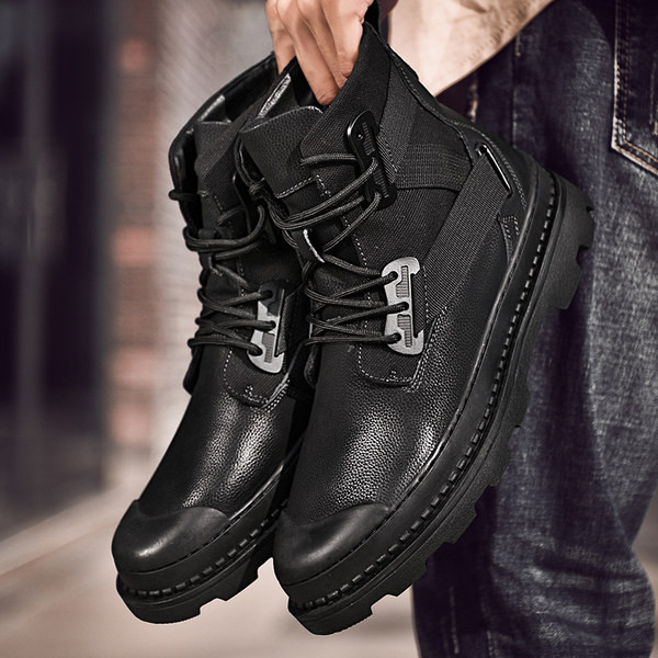 Мъжки ботуши с връзки в черен цвят от изкуствена кожа