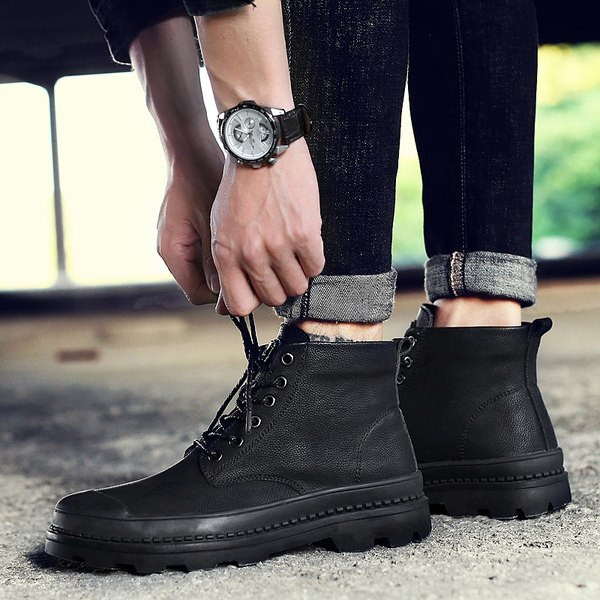 Мъжки ботуши с връзки в черен цвят от изкуствена кожа