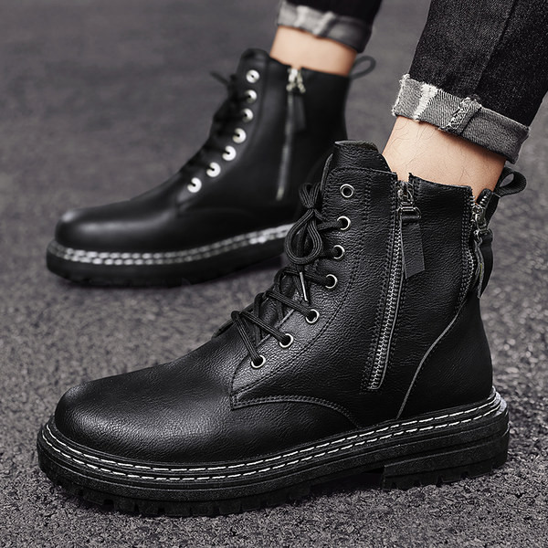 Мъжки кожени боти със страничен цип и връзки 