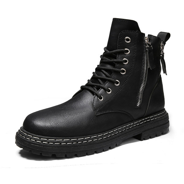 Мъжки кожени боти със страничен цип и връзки 