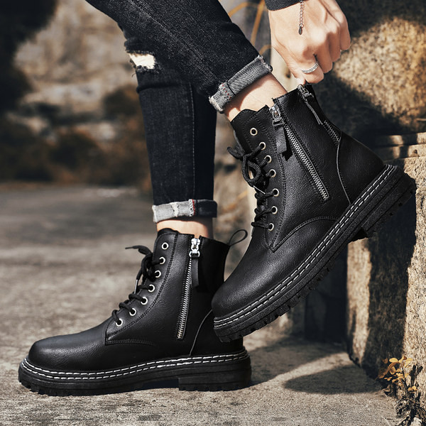 Мъжки кожени боти със страничен цип и връзки 