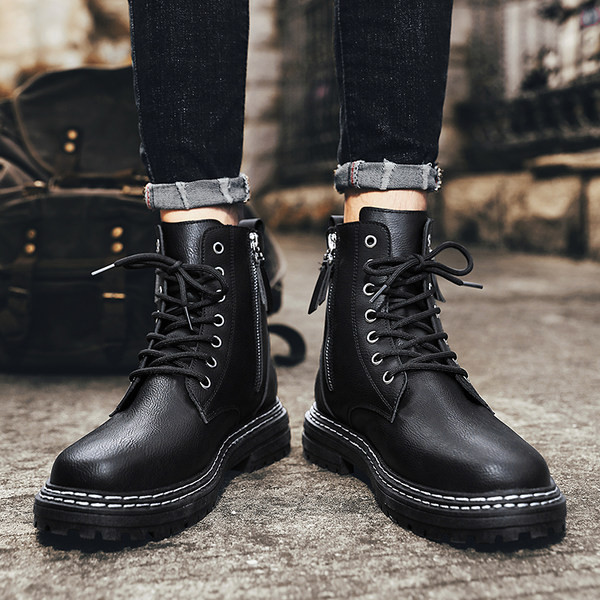 Мъжки кожени боти със страничен цип и връзки 