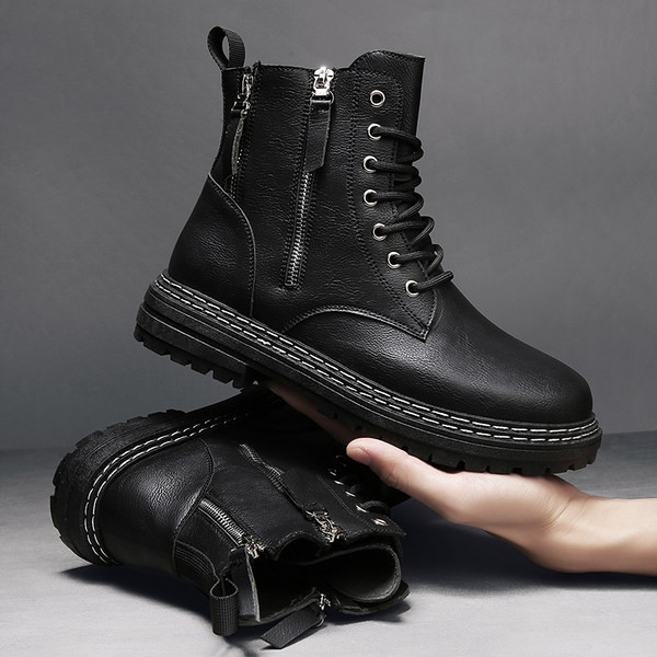 Мъжки кожени боти със страничен цип и връзки 