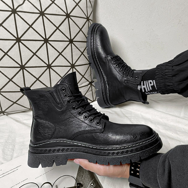 Кожени мъжки ботуши в черен цвят 