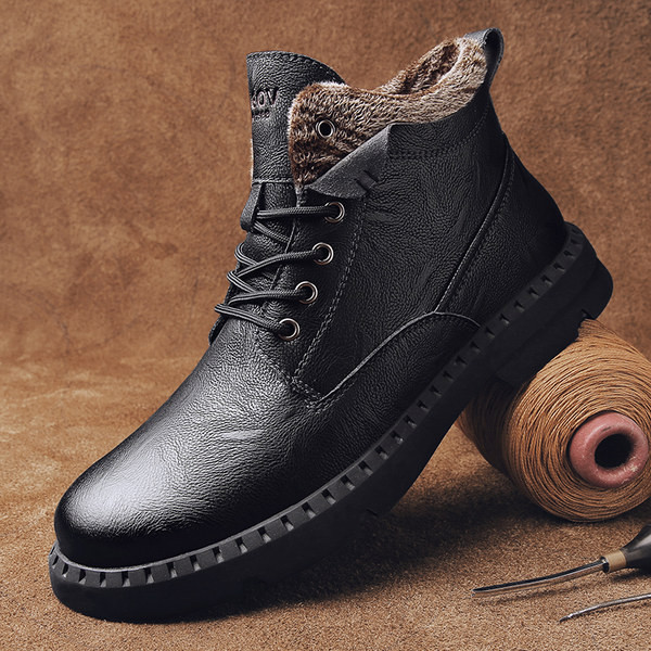 Έκο δερμάτινα ανδρικά μποτάκια με ζεστή φόδρα με κορδόνια