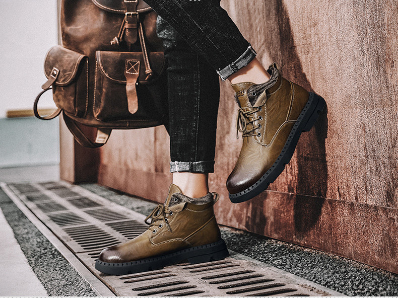 Έκο δερμάτινα ανδρικά μποτάκια με ζεστή φόδρα με κορδόνια