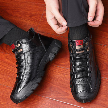 Зимни мъжки обувки от еко кожа с подплата -черен цвят