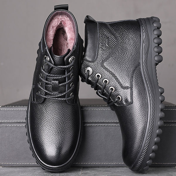 Зимни кожени мъжки обувки от еко кожа с връзки и равна подметка