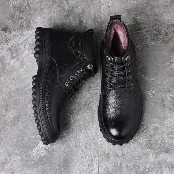 Зимни кожени мъжки обувки от еко кожа с връзки и равна подметка