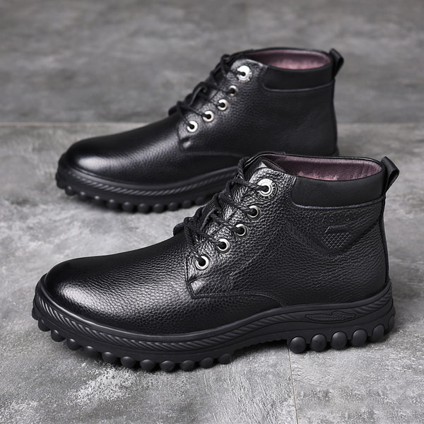 Зимни кожени мъжки обувки от еко кожа с връзки и равна подметка