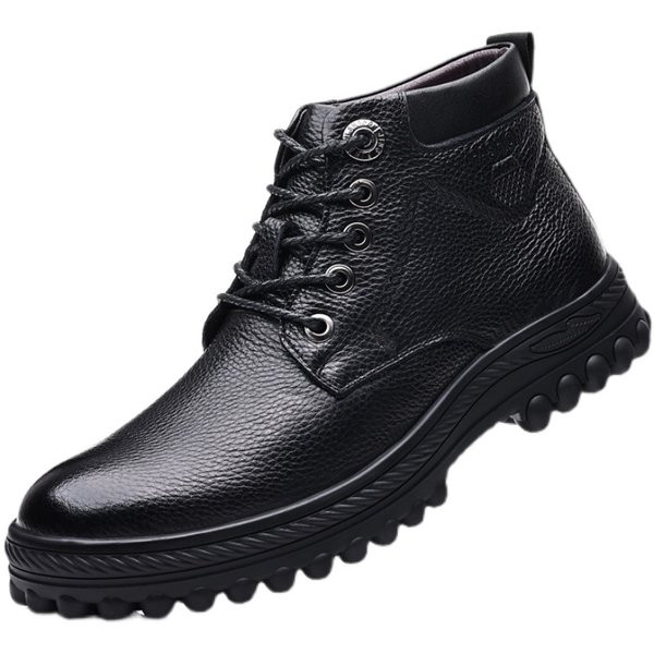 Зимни кожени мъжки обувки от еко кожа с връзки и равна подметка
