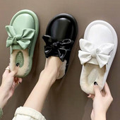 Moteriškos odinės šlepetės su kaspinu ir šiltu pamušalu