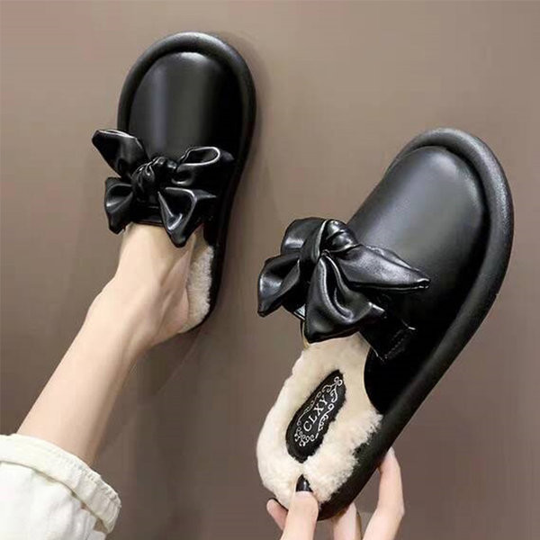 Moteriškos odinės šlepetės su kaspinu ir šiltu pamušalu