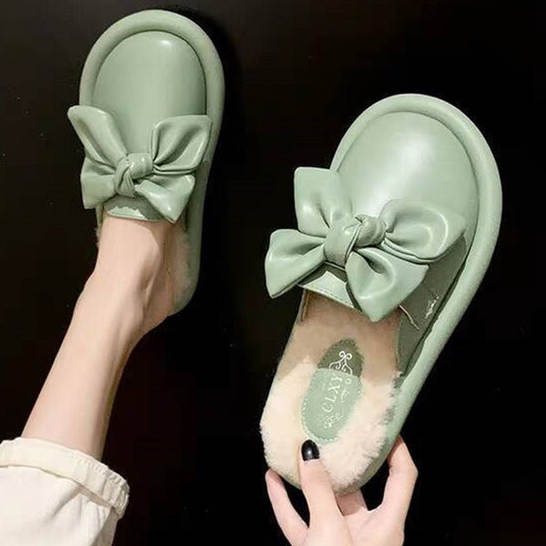 Moteriškos odinės šlepetės su kaspinu ir šiltu pamušalu