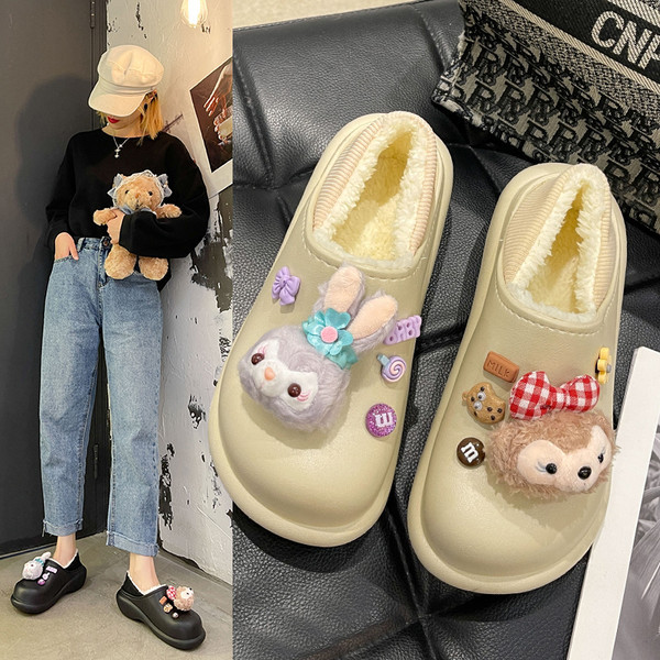 Дамски гумени пантофи с 3D декорация и топла подплата 