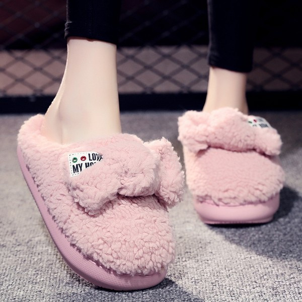 Пухени домашни чехли с панделка