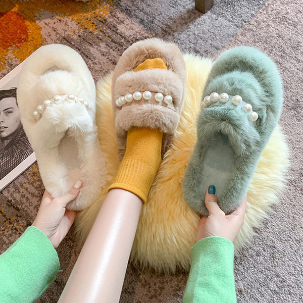 Модерни дамски домашни чехли с декоративни перли