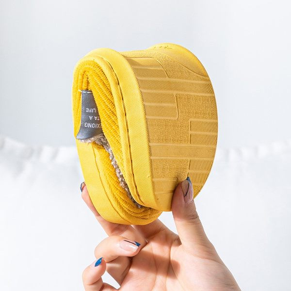 Дамски рипсени чехли с пухена подплата - жълт цвят