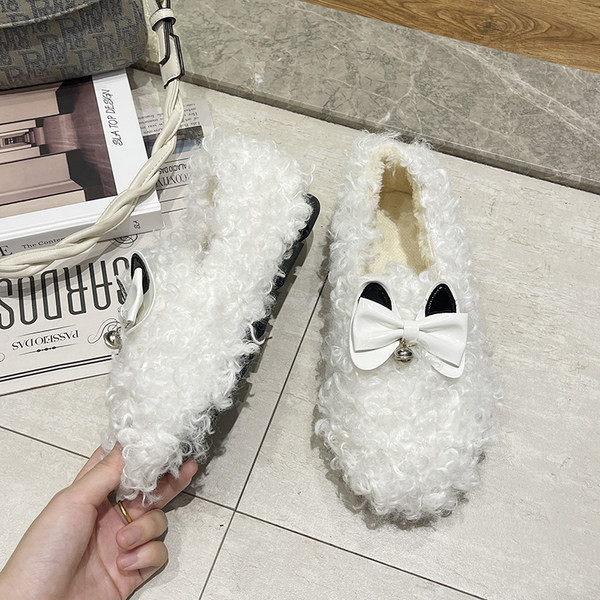 Домашни пухени пантофи с панделка в три цвята