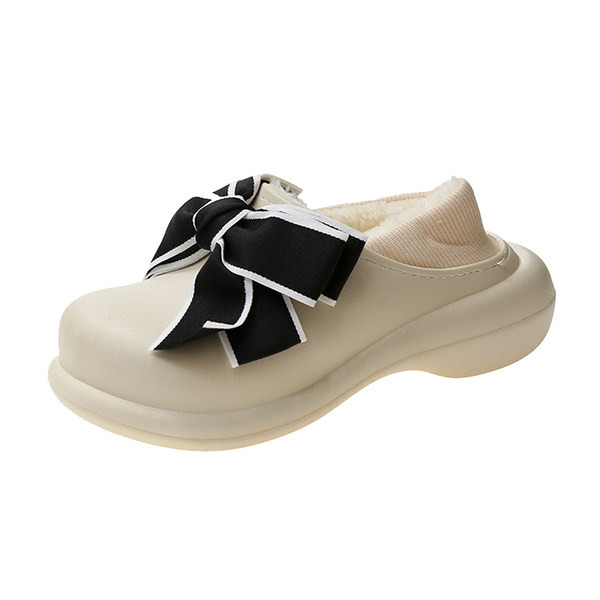 Дамски домашни пухени пантофи с панделка