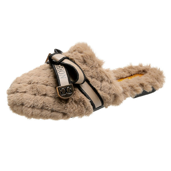 Дамски домашни чехли от еко пух с панделка