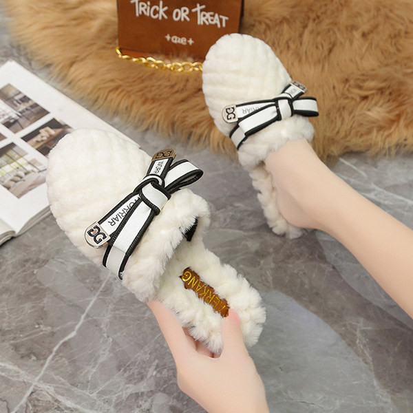 Дамски домашни чехли от еко пух с панделка